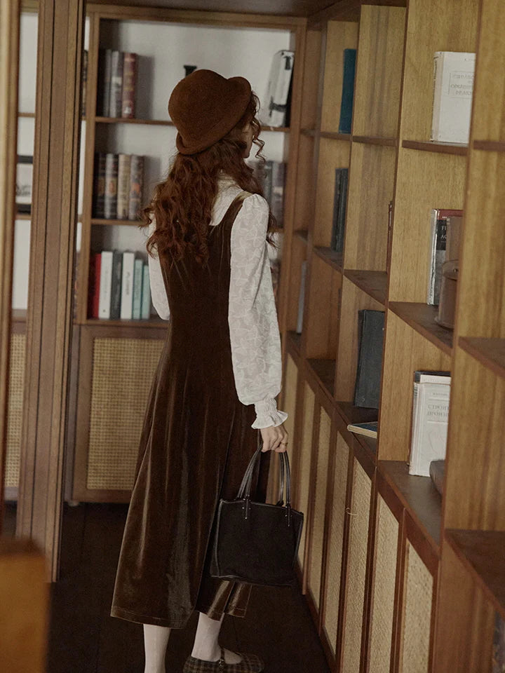 Earthy Velvet Button-Front Pinafore Dress