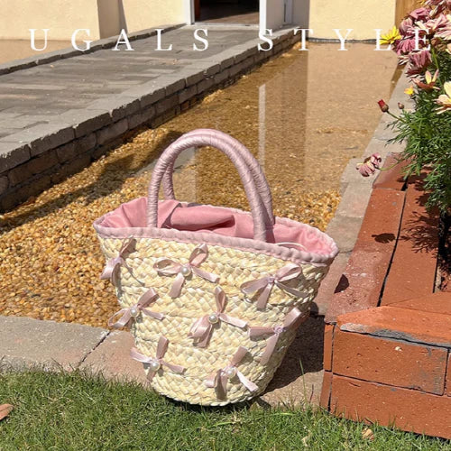 Summer Vacation Straw Ribbon Tote Bag