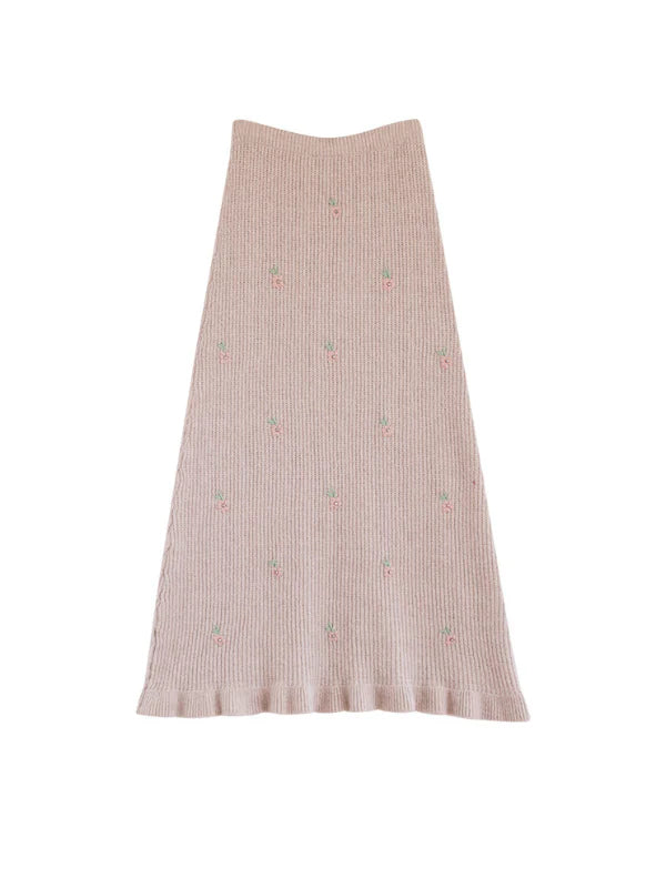 Embroidered Blossom Beige Knit Skirt