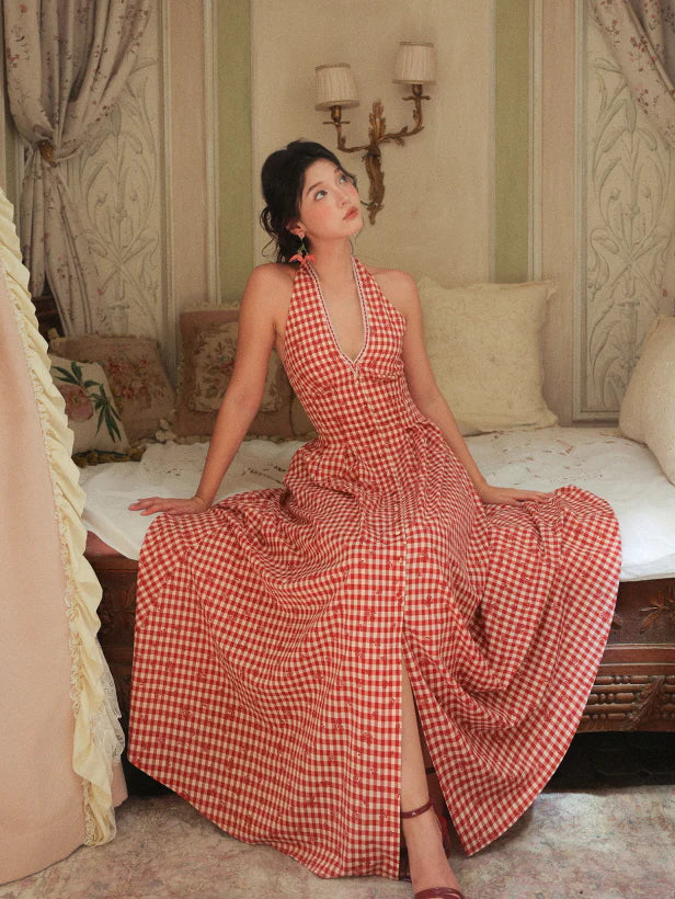 Romantic Gingham Red Check Halter Dress