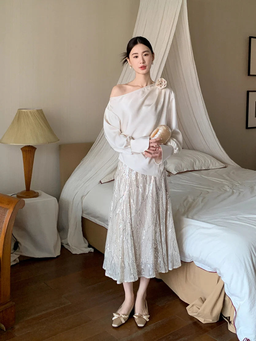 Off-Shoulder Flower Accent Blouse