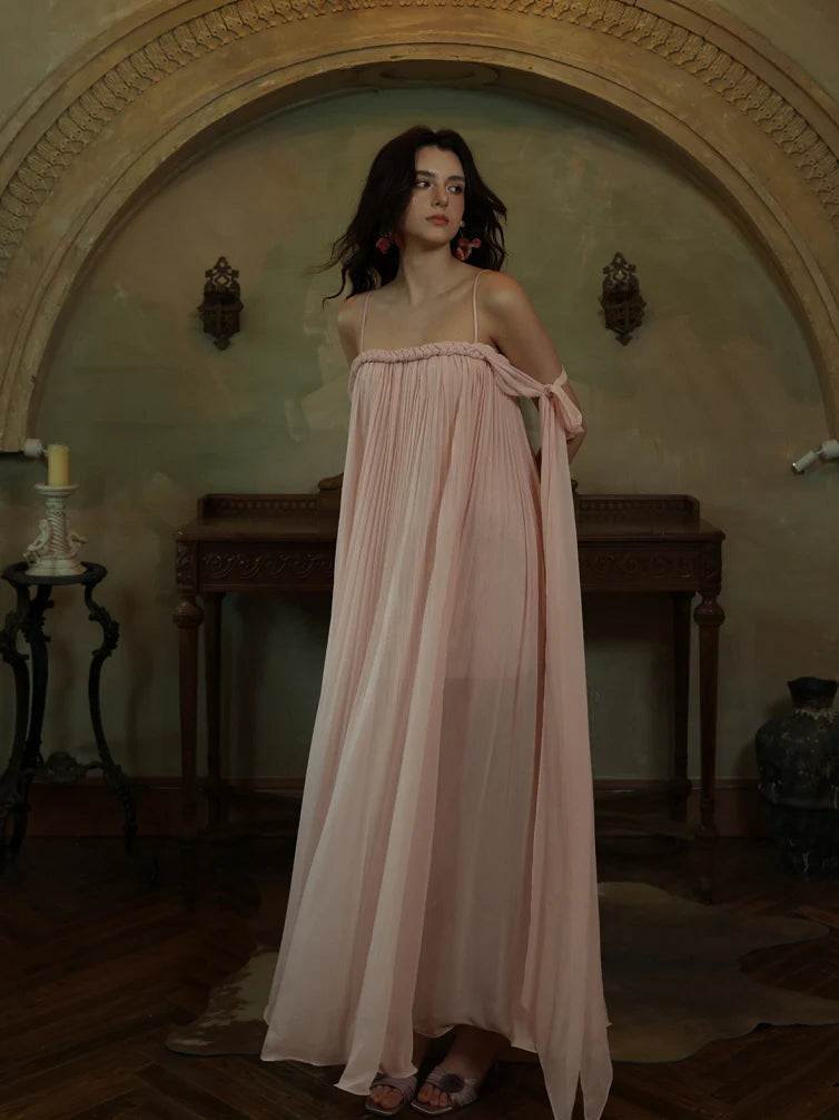 Off-Shoulder Blush Pleated Ribbon Dress