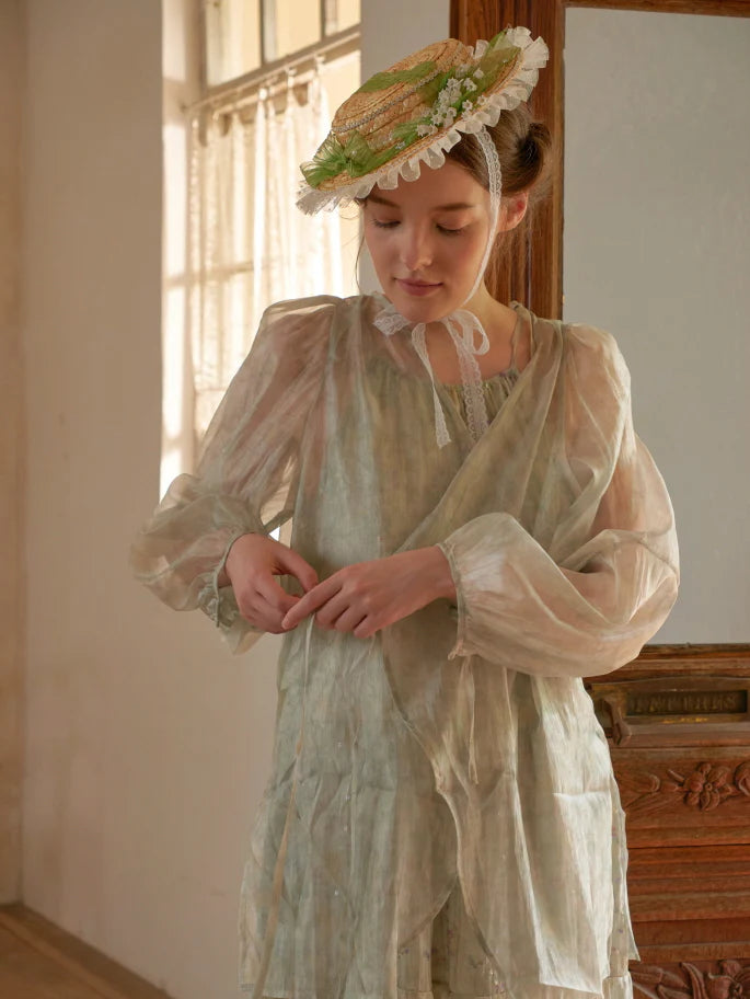 Pastel Green Floral Two-Piece Set – Sheer Cardigan & Tiered Dress