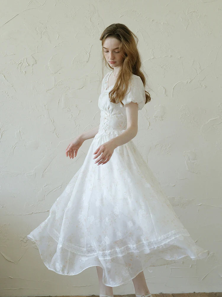 White Floral Corset Waist Dress