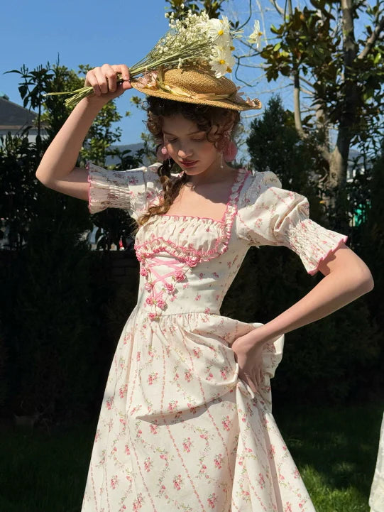 Strawberry Bloom Lace-Up Dress