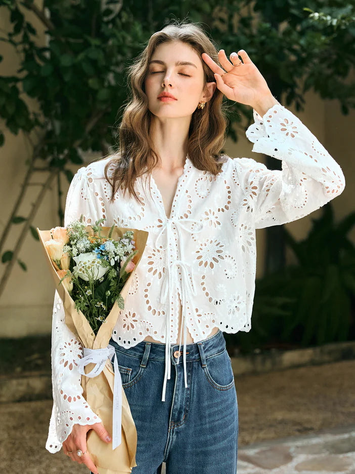 Floral Eyelet Lace Tie-Front Blouse