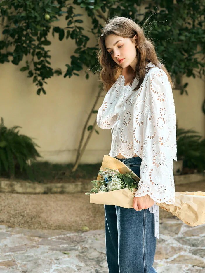Floral Eyelet Lace Tie-Front Blouse
