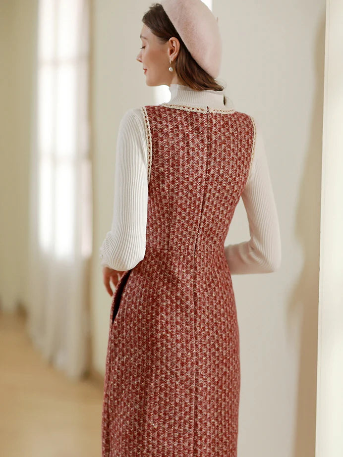 Elegant Red Tweed Pearl Button Dress