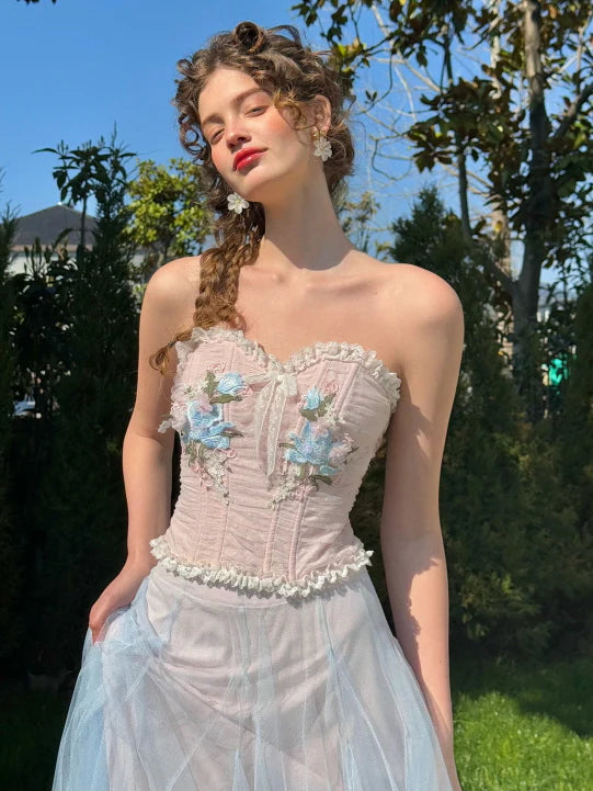 Pastel Bloom Embroidered Corset & Tulle Skirt