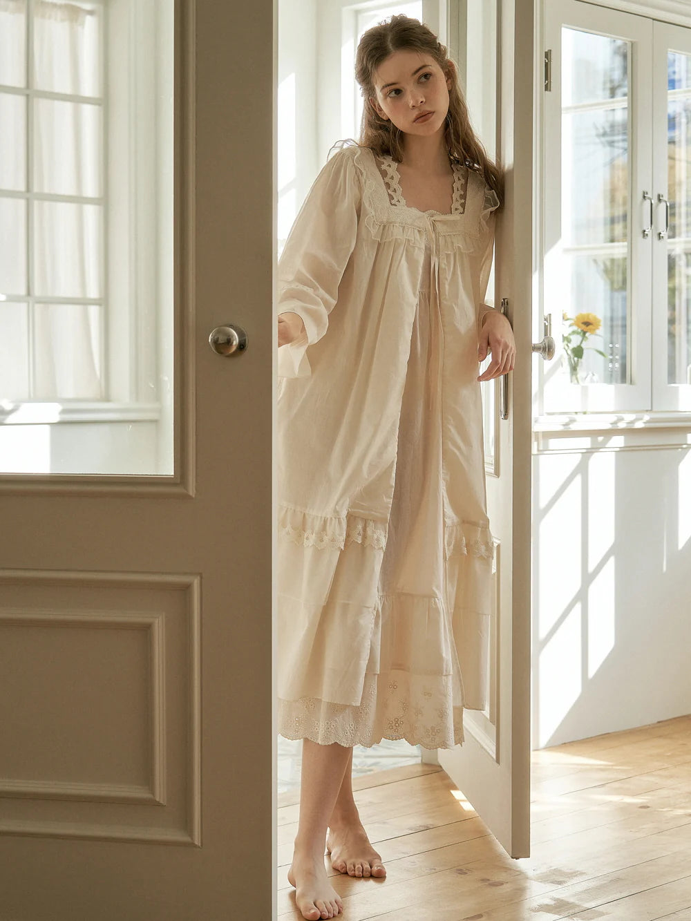 Lace Collar Cotton Lounge Gown