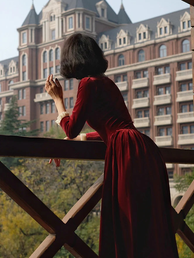 Ruffled Trim Royal Red Velvet Vintage Dress