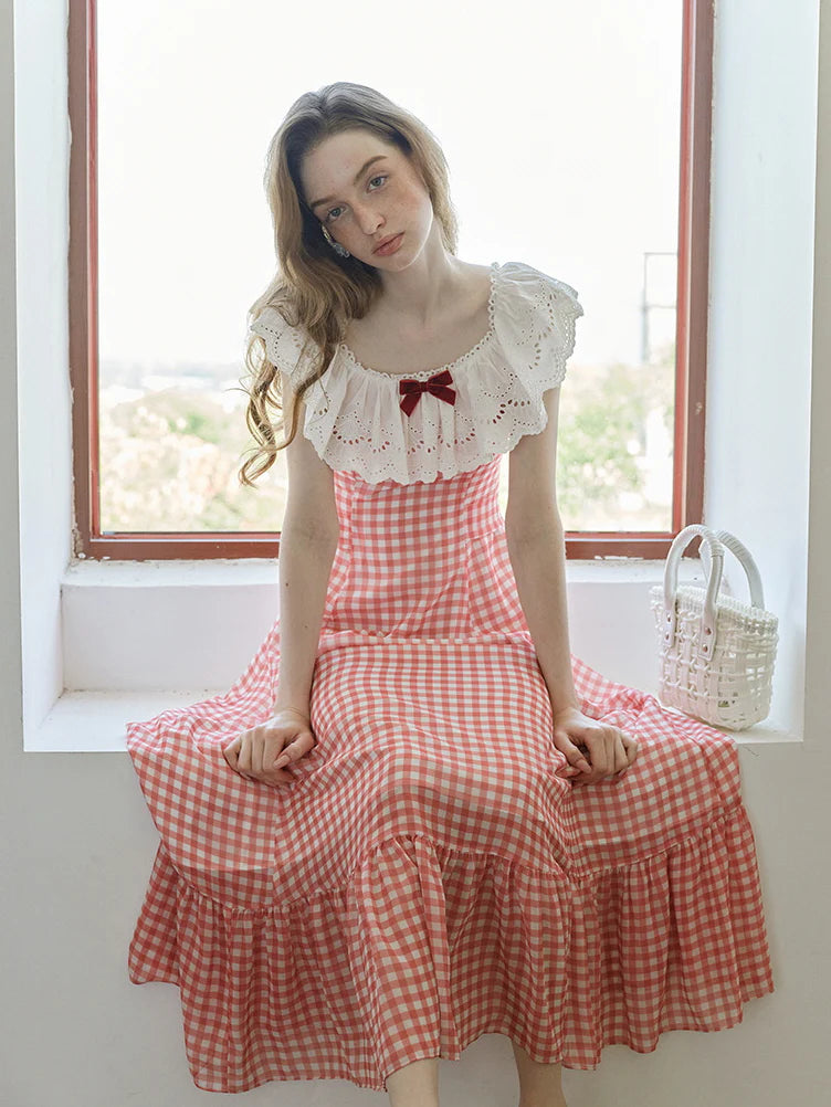 Red Gingham Off-Shoulder Frill Dress