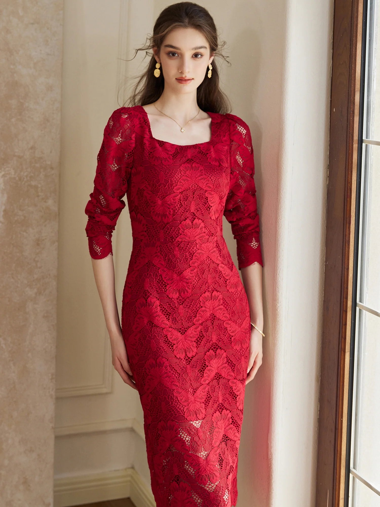 Scarlet Elegance Lace Midi Dress