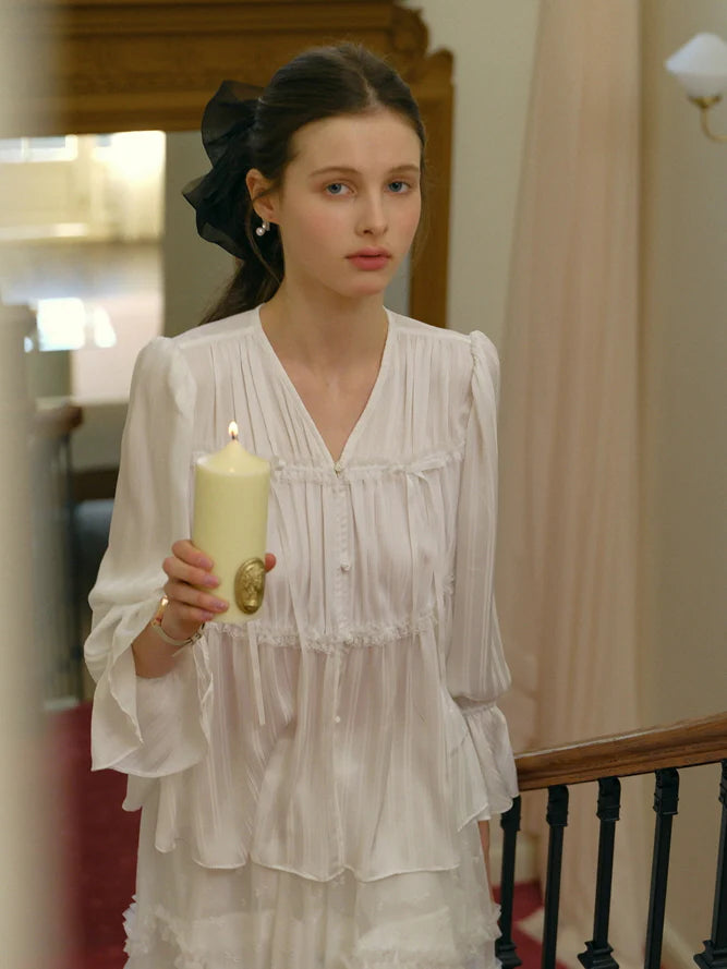 Ethereal White Pleated Chiffon Blouse