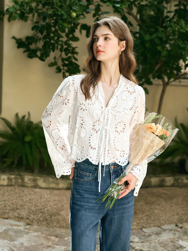 Floral Eyelet Lace Tie-Front Blouse