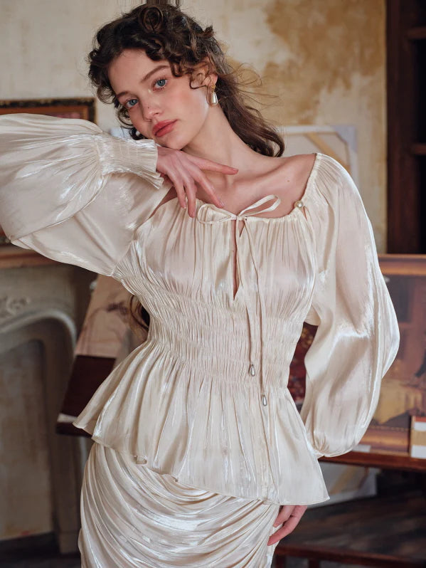 Pearl Ribbon Shirred Ivory Blouse