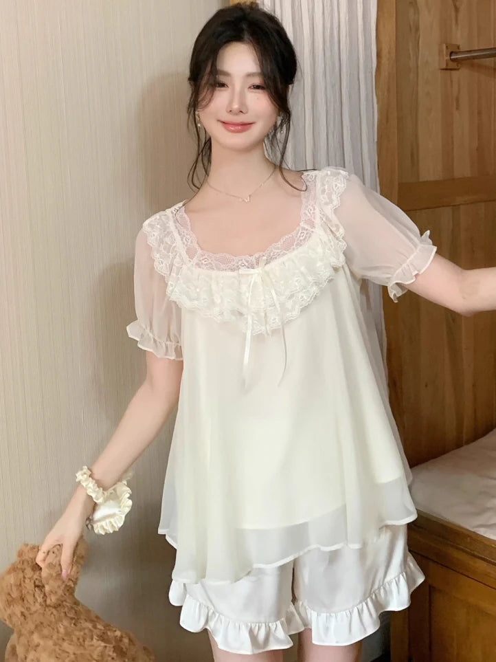 Blush Ruffle Lace Chiffon Pajama Set