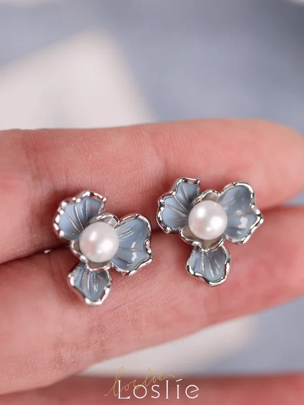 Natural Pearl Blue Flower Earrings