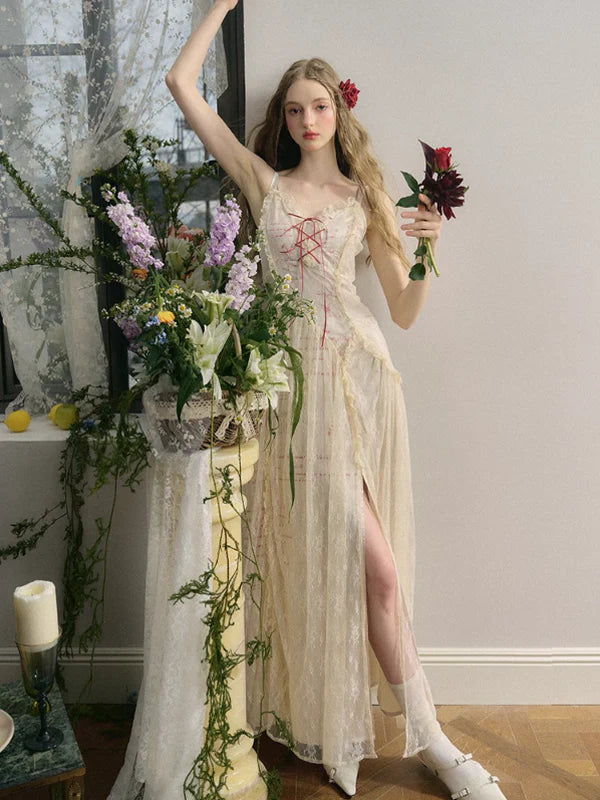 Elegant Lace Red Strap Dress