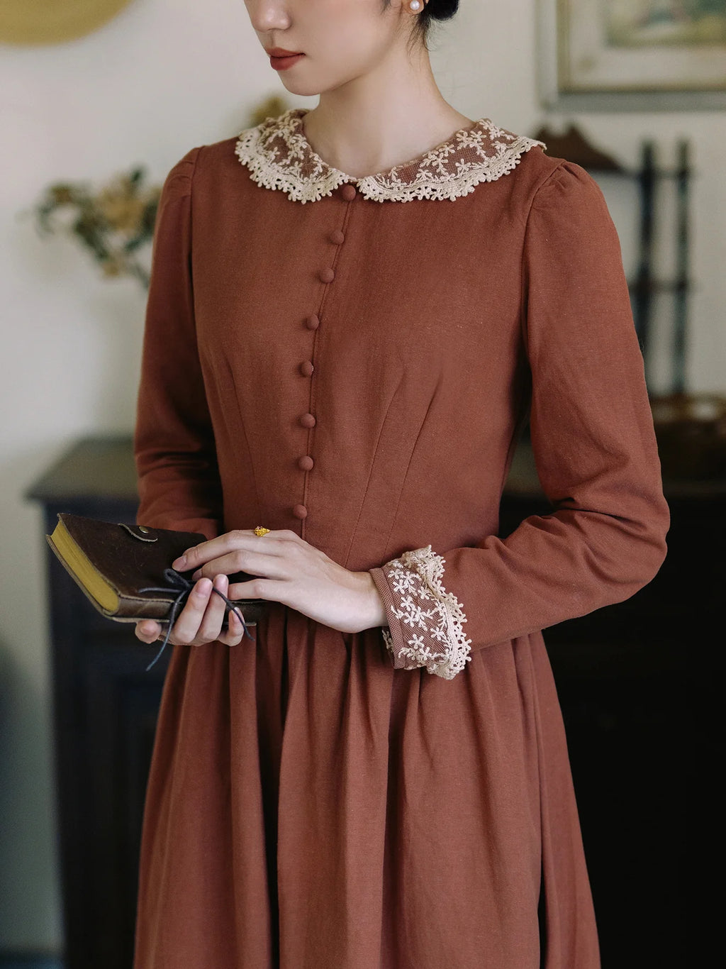 Autumn Rust Vintage Lace Collar Dress