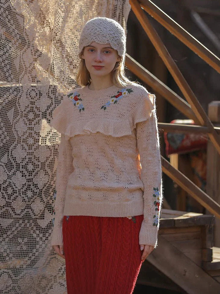 Floral Embroidered Ruffle Knit Sweater