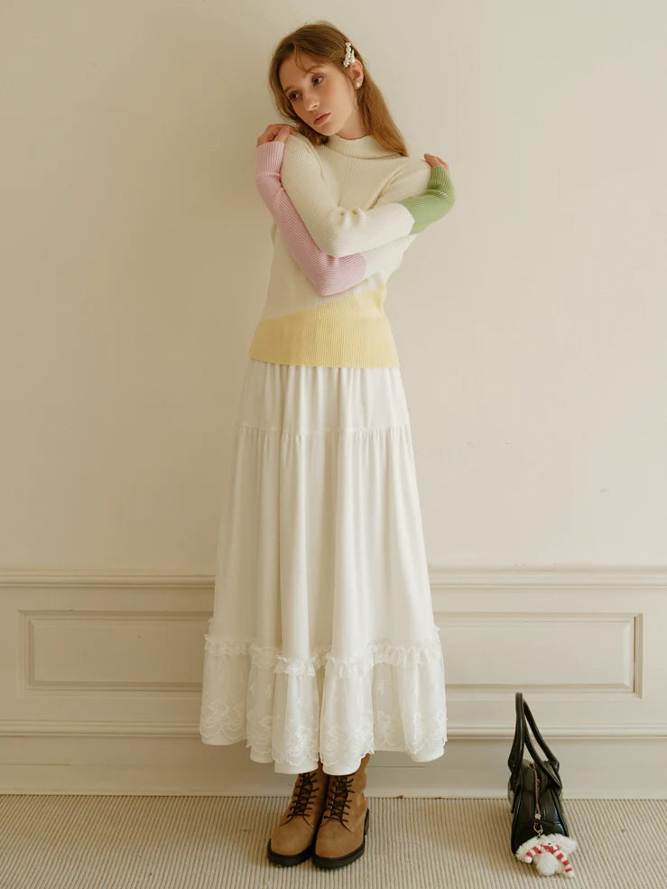 Pastel Color-Block High Neck Sweater