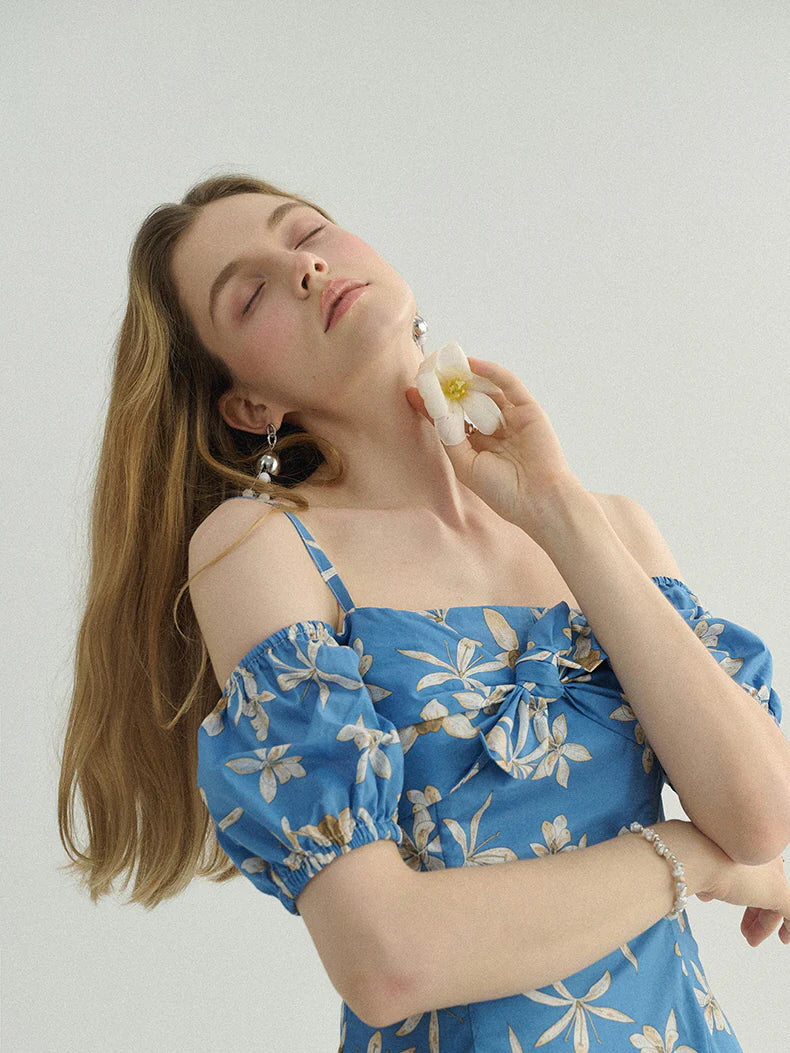 Blue Floral Off-Shoulder Summer Dress