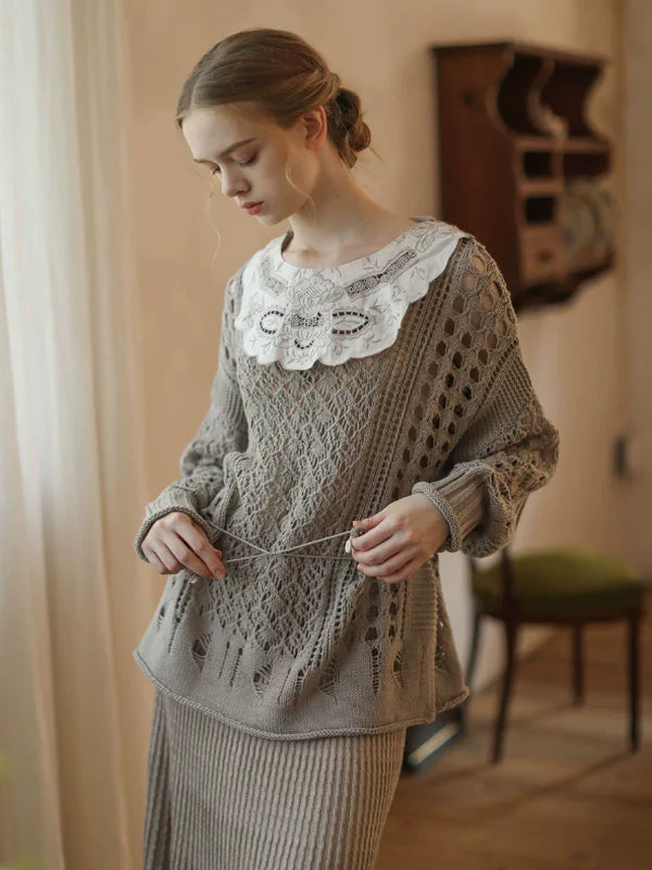 Graceful Lace Collar Brown-Gray Knitwear