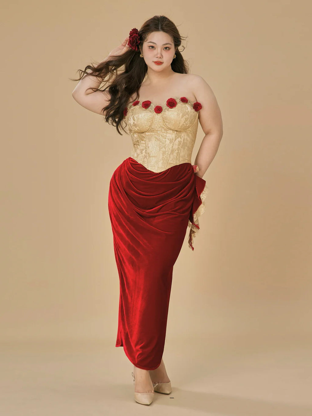 Rose Embellished Gold Corset Velvet Dress