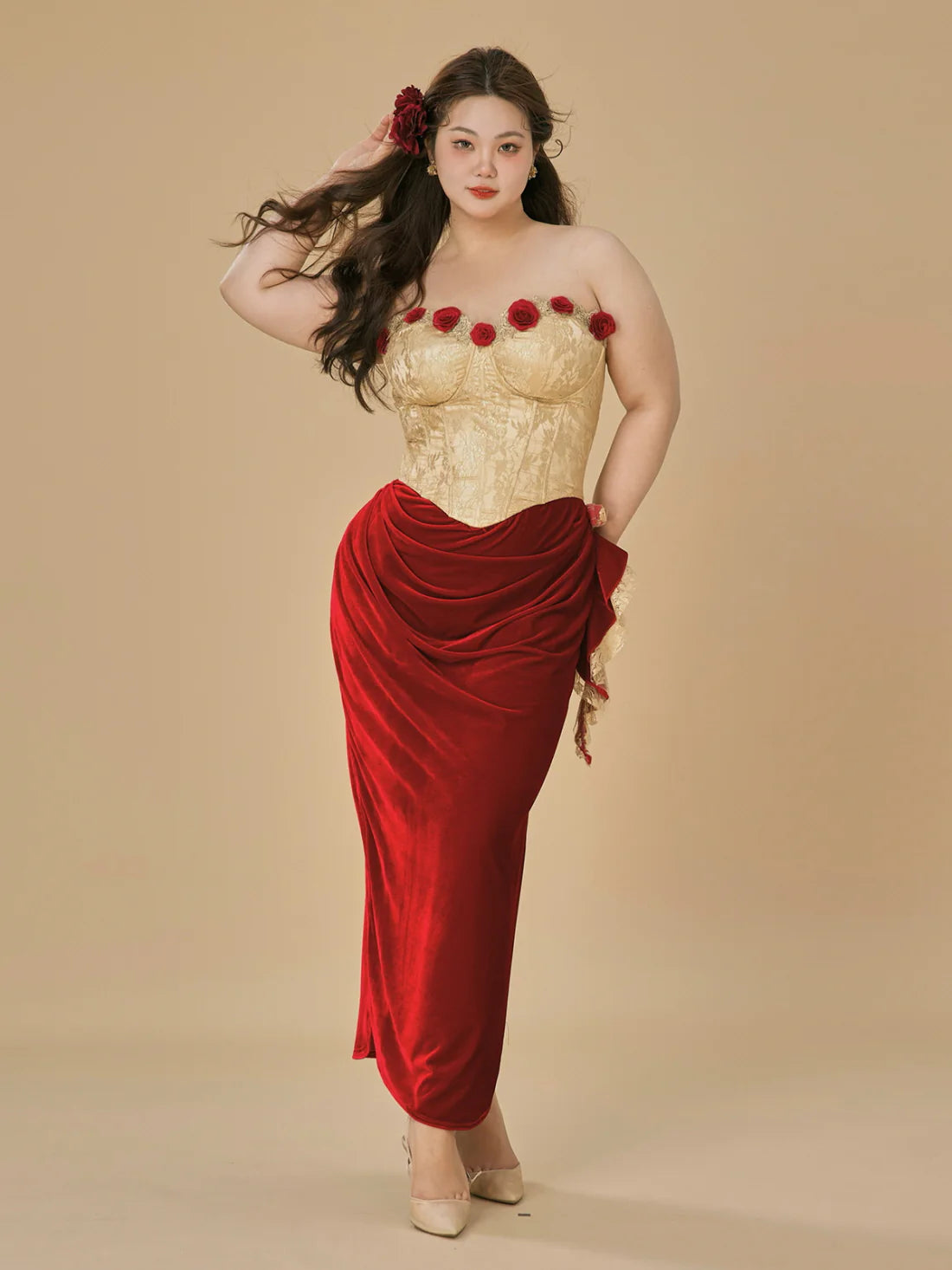 Rose Embellished Gold Corset Velvet Dress