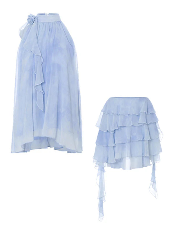 Ethereal Blue Ruffle Rose Halter Top