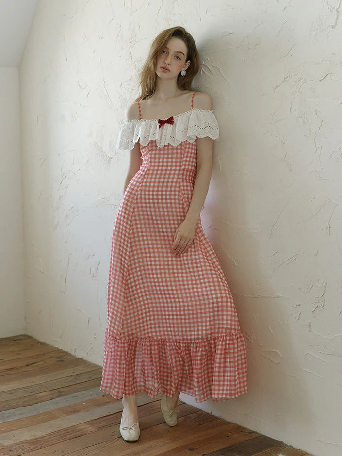 Red Gingham Off-Shoulder Frill Dress