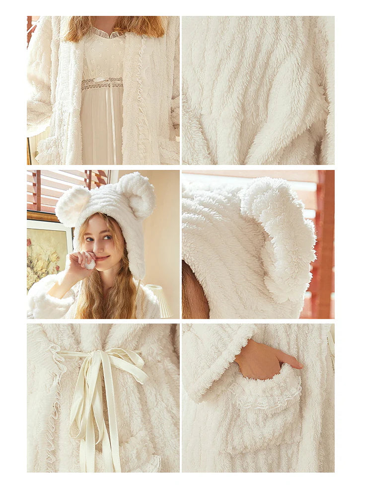 Cozy Bear Ears White Robe Set