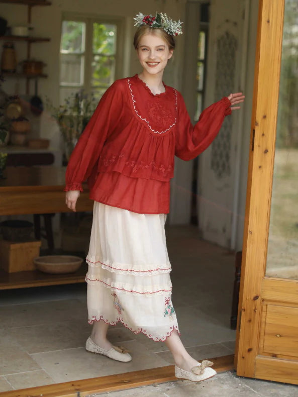 Embroidered Basket Hem Skirt