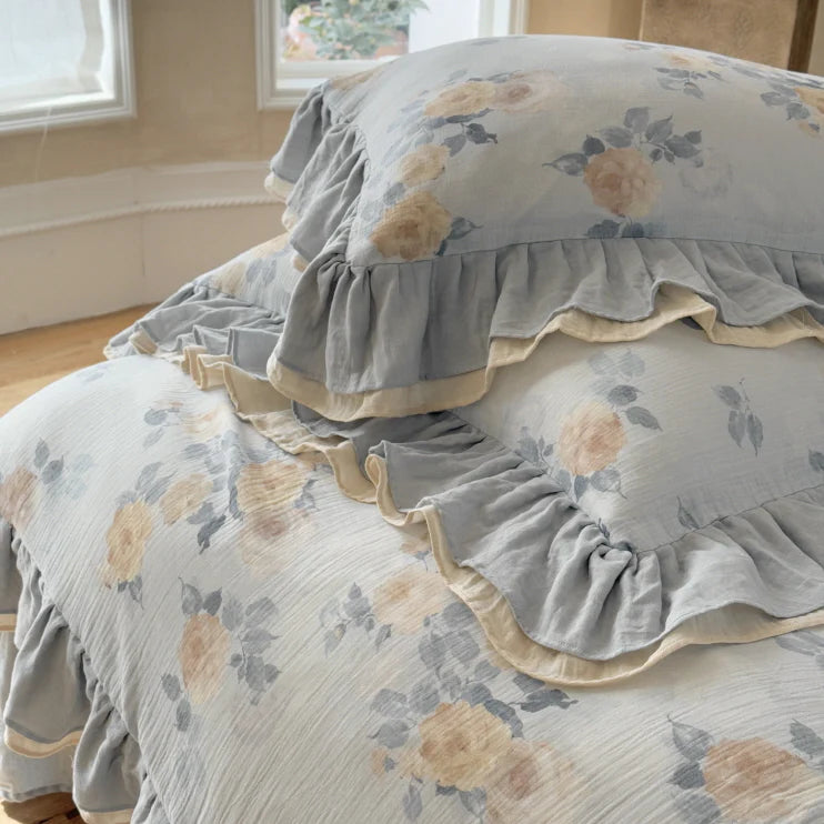Dusty Blue Rose Print Ruffle Bedding Set