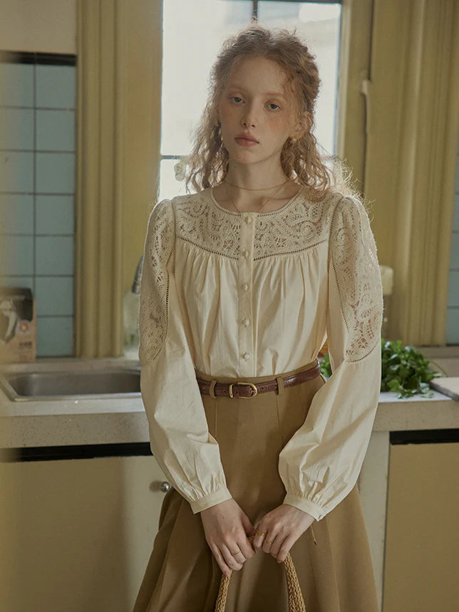Romantic Lace Yoke Cotton Blouse