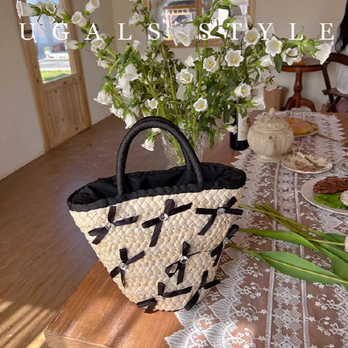Summer Vacation Straw Ribbon Tote Bag