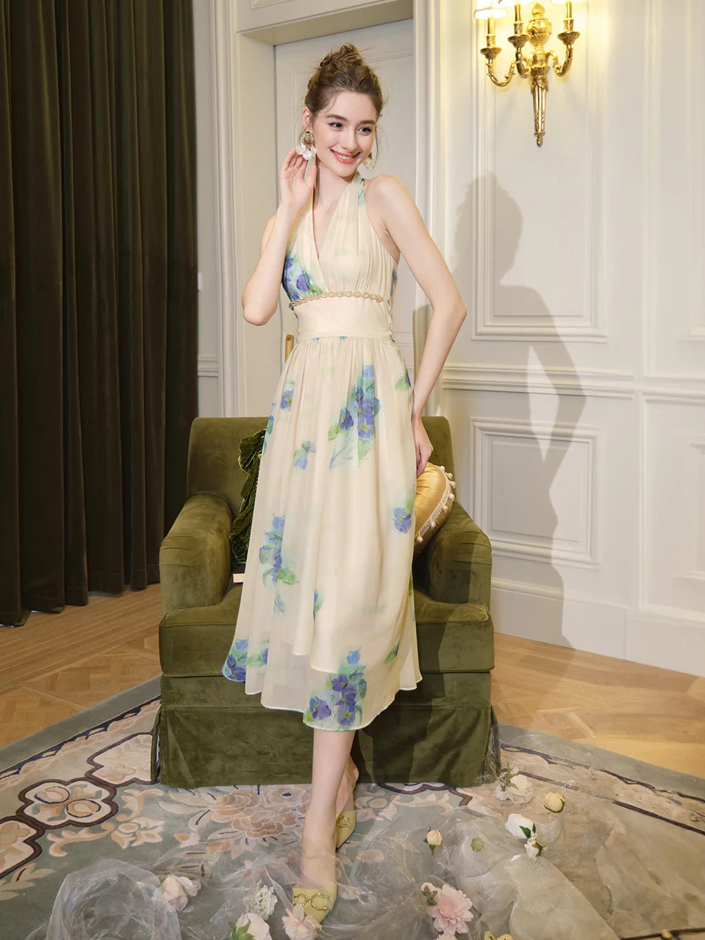 Watercolor Blossom Halter Dress