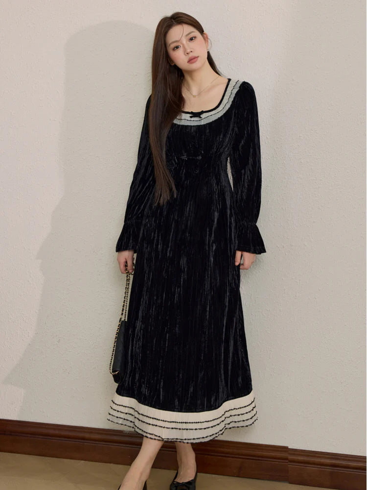 Midnight Velvet Bow Collar Dress