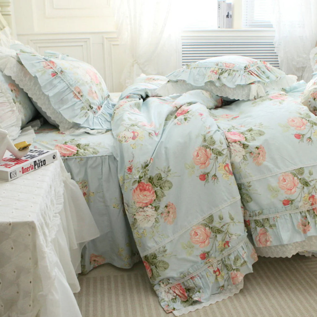 Princess Ruffle Blue Floral Bedding Set