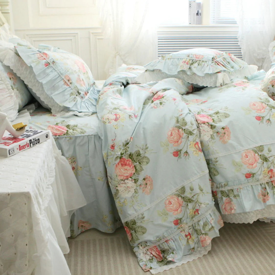 Princess Ruffle Blue Floral Bedding Set