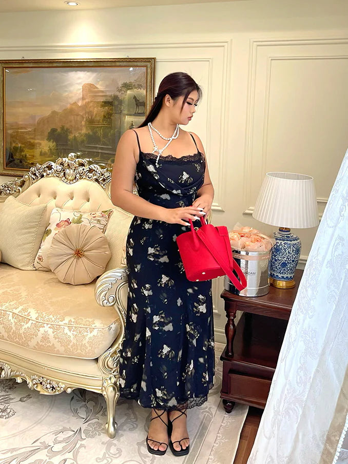 Midnight Bloom Lace Trim Floral Dress