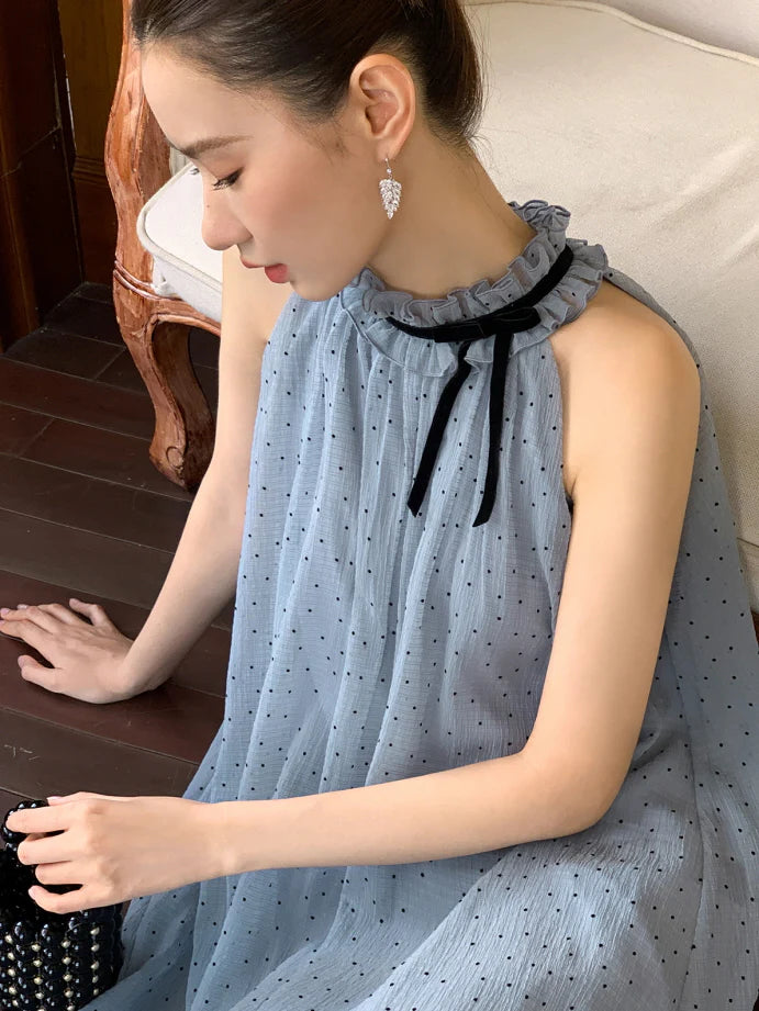 Blue Polka Dot Halter Maxi Dress