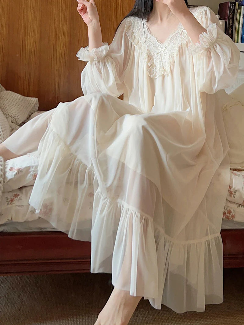 Ethereal Lace-Trim Ivory Nightgown