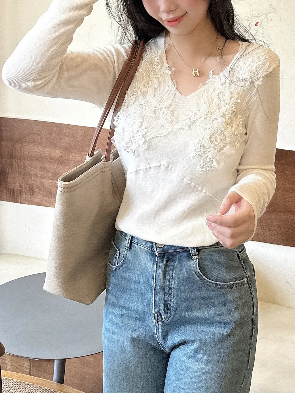 Floral Lace Embellished Knit Top