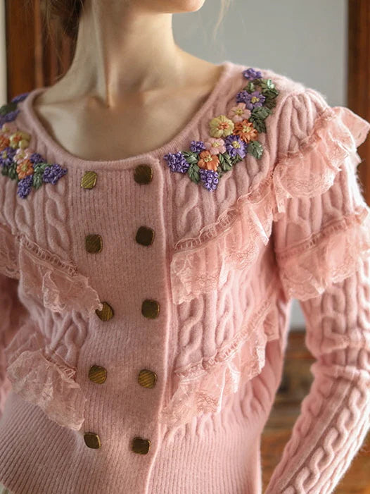 Delicate Floral Embroidered Ruffle Cardigan