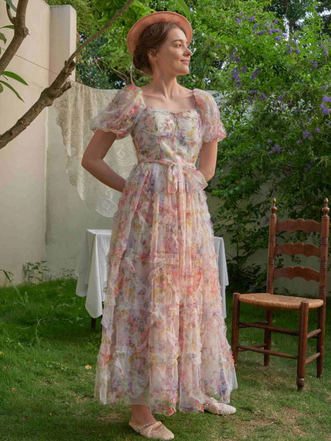 Blossom Whispers Ruffle Floral Puff Sleeve Dress