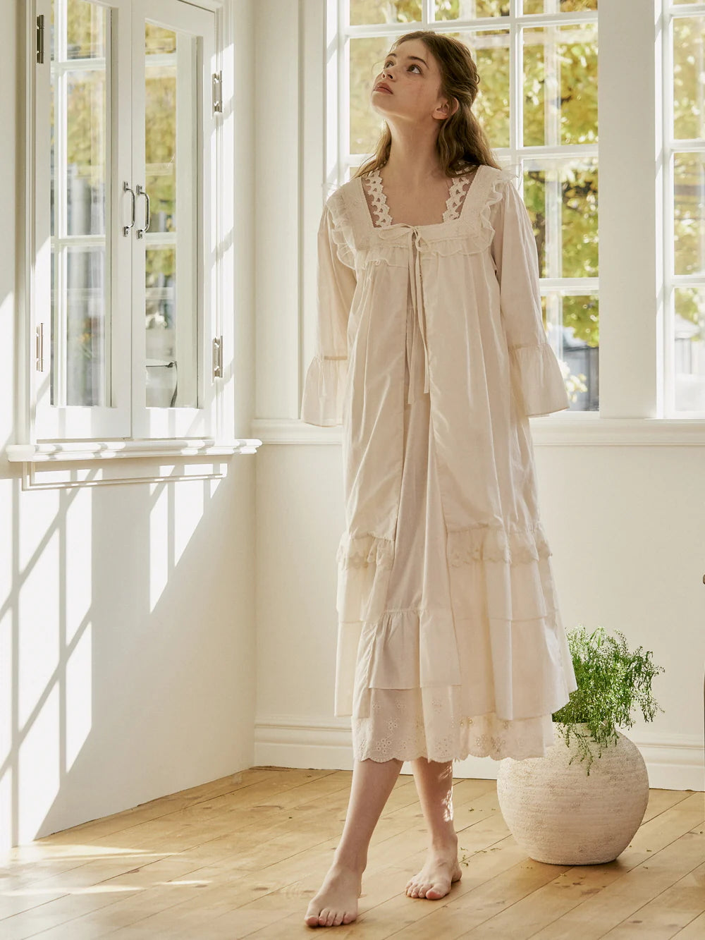 Lace Collar Cotton Lounge Gown