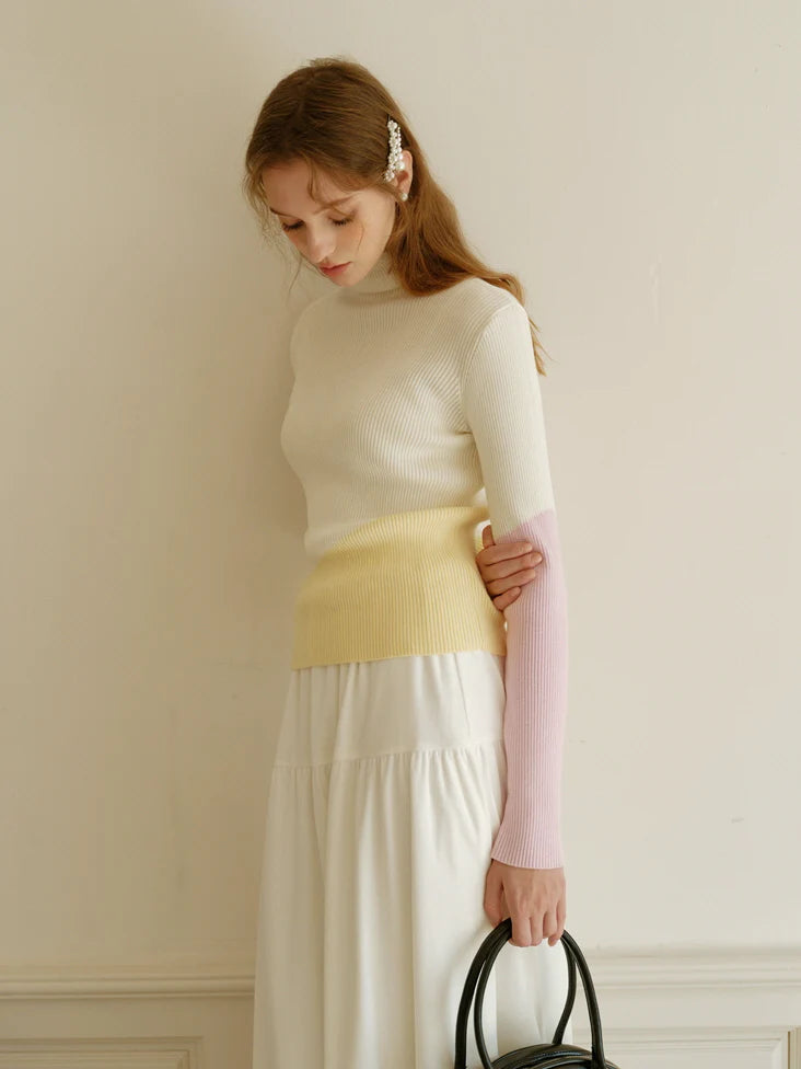 Pastel Color-Block High Neck Sweater