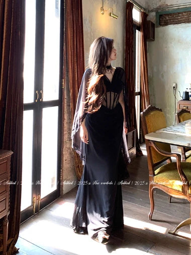 Ethereal Black Lace Drape Corset Gown